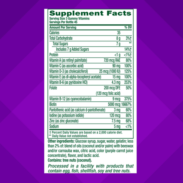 Supplement facts panel for VF Hair, Skin & Nails Gummy 4/3, 135 Count.