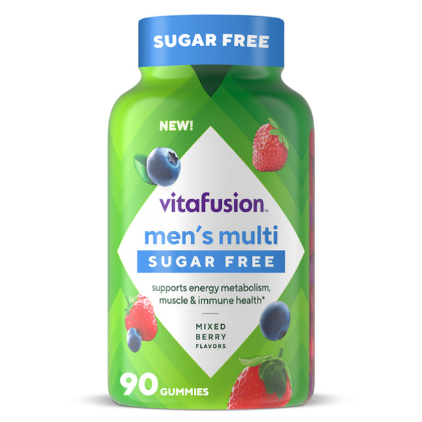 Vitafusion Men's Multi Sugar Free Gummies, 90 count, mixed berry flavors. Supports energy, muscle, and immune health.
