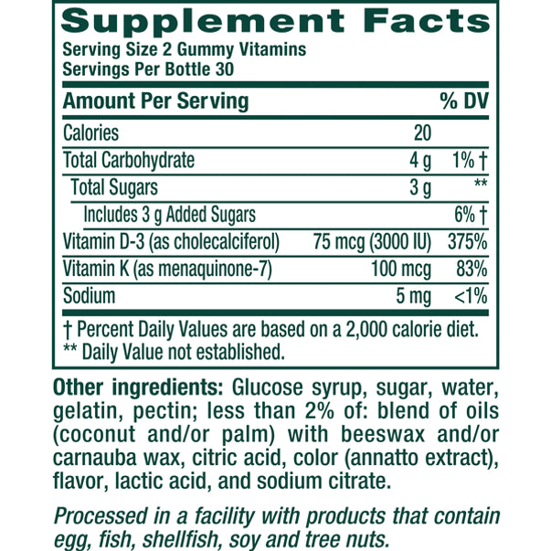 Power Plus D3 K2 Gummy, 60 count, Supplement Facts panel displayed.