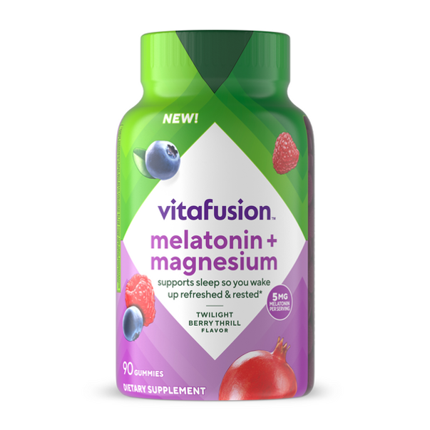 vitafusion Melatonin + Magnesium 5mg, 90 Gummies, Twilight Berry Thrill Flavor, supports sleep.