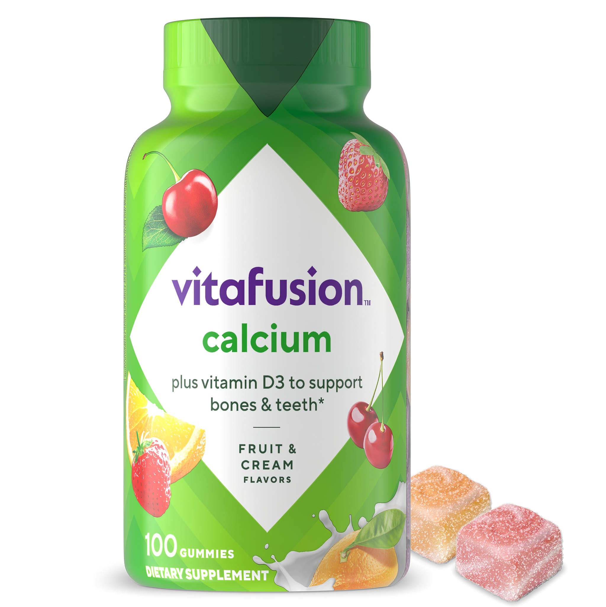 Vitafusion Calcium plus Vitamin D3 gummies, 100 count, Fruit & Cream Flavors. Two gummies are placed beside the bottle.