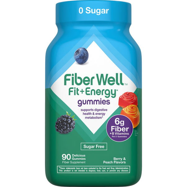 Fiber Well Fit+Energy Sugar Free Fiber Gummies, 90 count. 6g Fiber + B Vitamins per 3 gummies. Berry & Peach flavors.