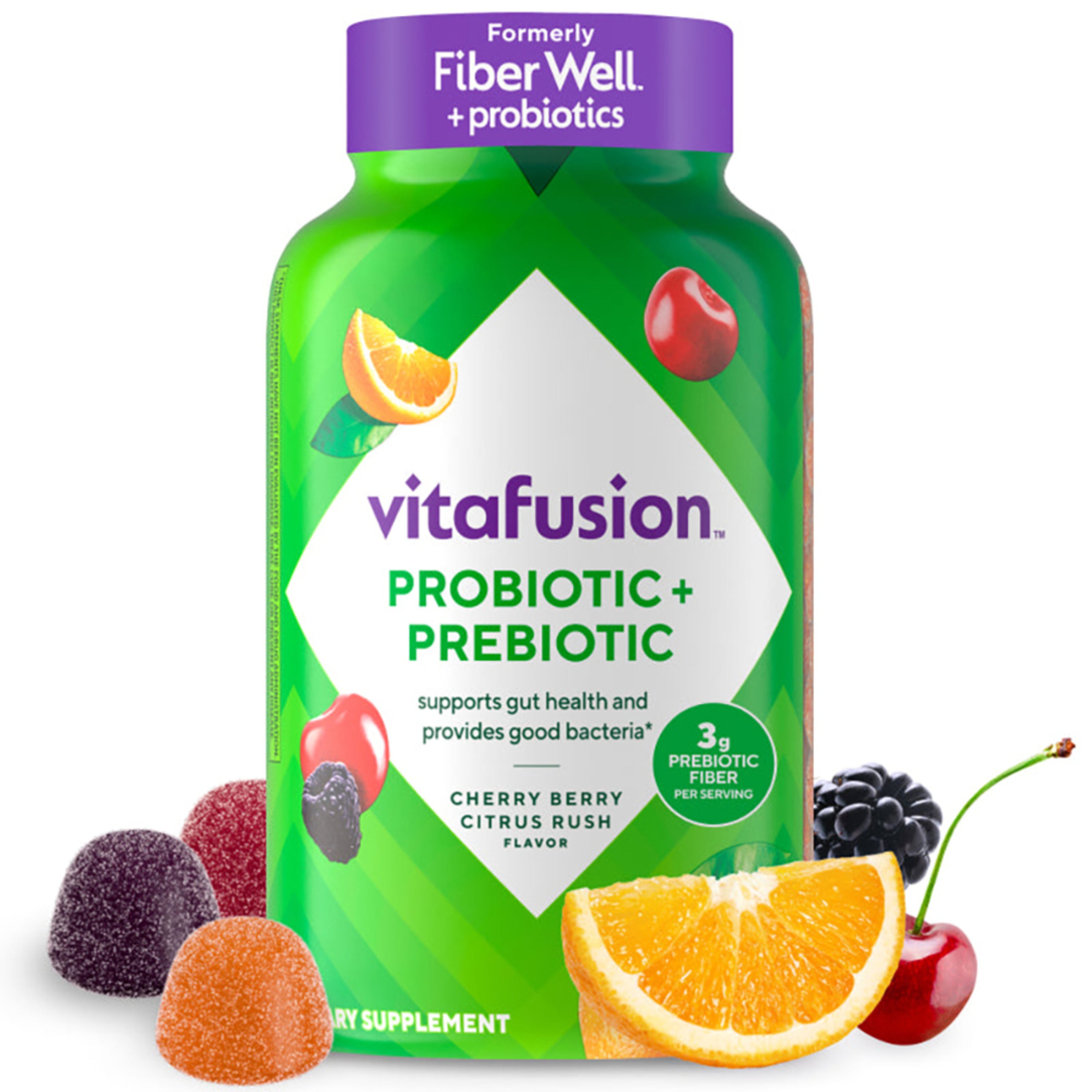 Vitafusion Probiotic + Prebiotic gummies, formerly Fiber Well, in Cherry Berry Citrus Rush flavor, with 3g prebiotic fiber.