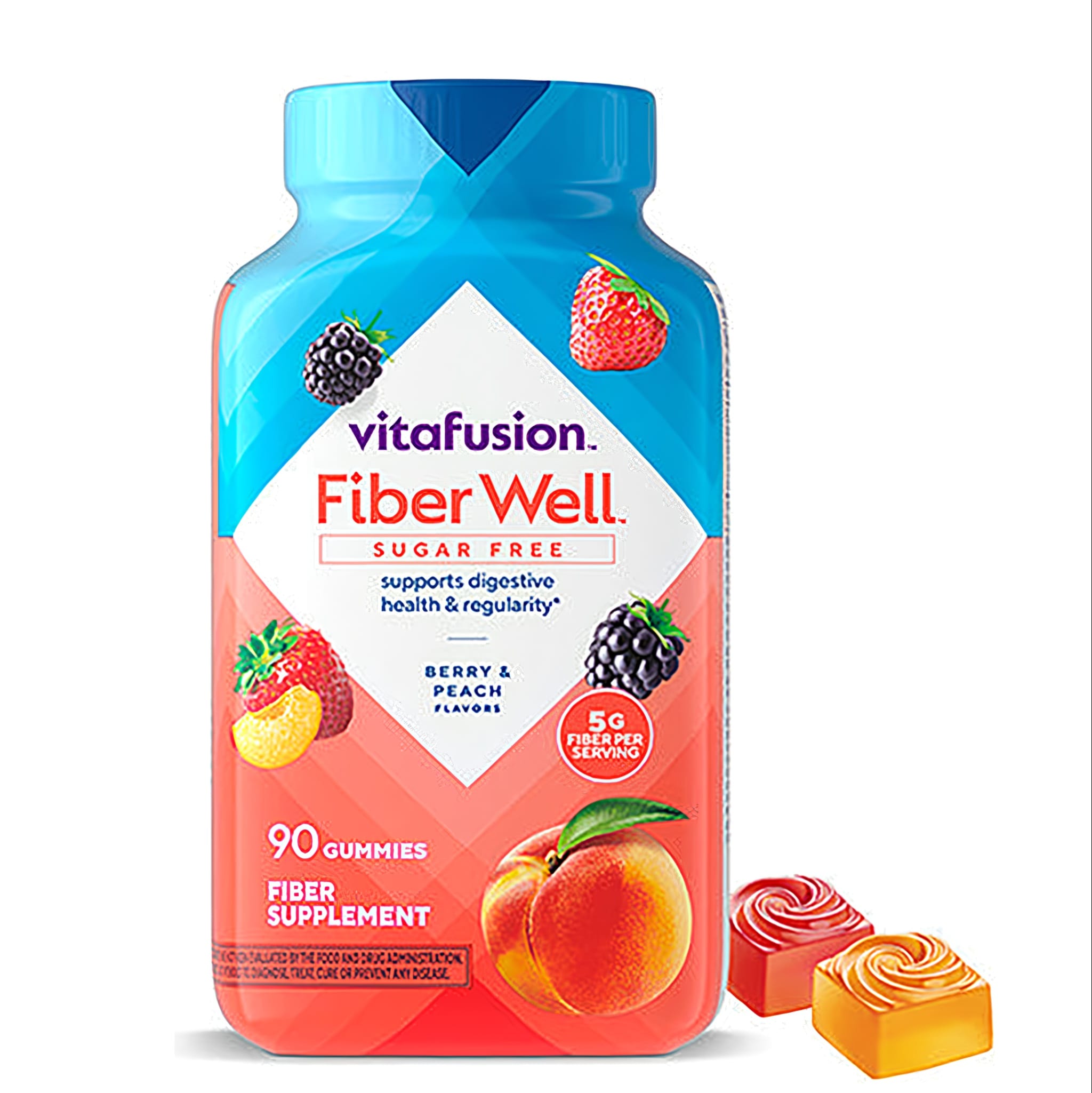 Vitafusion Fiber Well Sugar Free gummies provide 5g fiber per serving in berry and peach flavors. Contains 90 gummies.