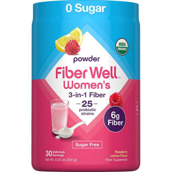 Fiber Well Women's 3-in-1 Fiber with Raspberry Lemon flavor: 6g fiber, 25 probiotics, zero sugar, USDA Organic, 30 servings.