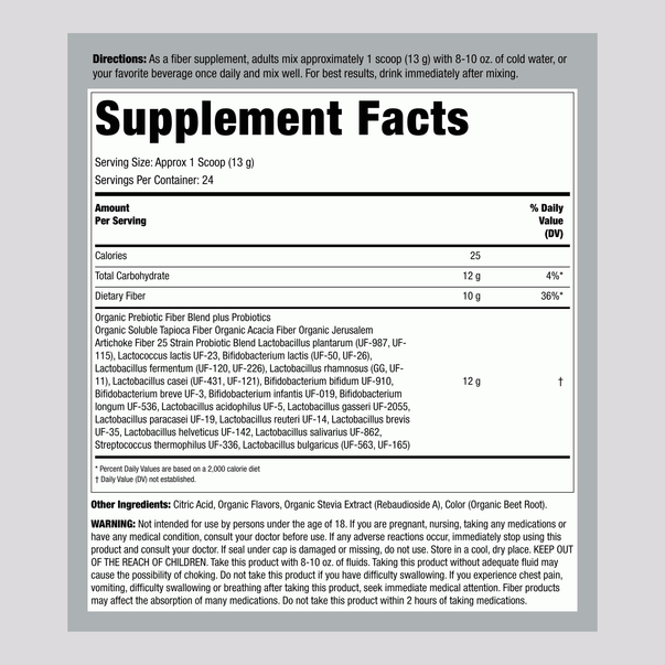 Supplement Facts for Fiber Well Organic Raspberry Lemon showing ingredients and nutritional information in a clear format.