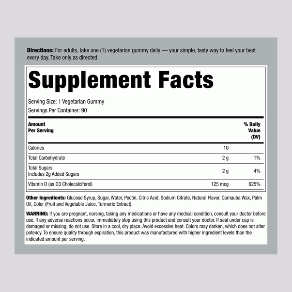 Image of the supplement facts panel for Vitamin D 5000IU Gummies, 90 count, detailing nutritional information and dosage instructions.