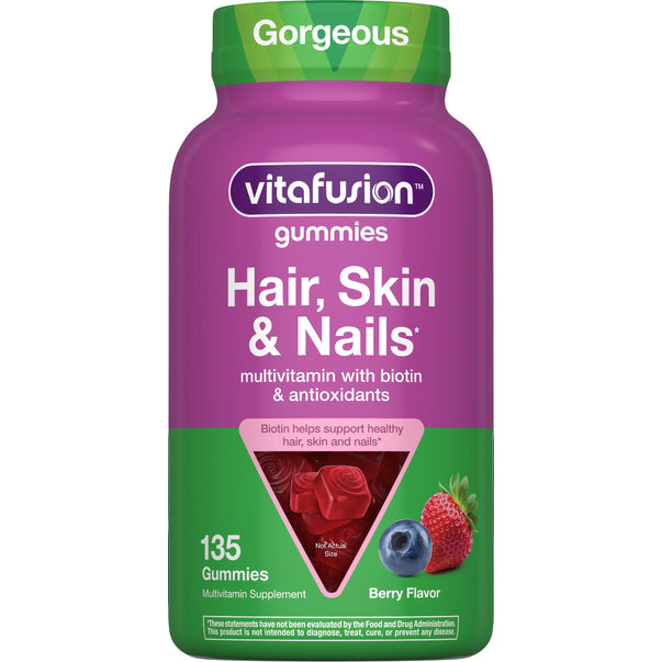 vitaFUSION gummies for Hair, Skin & Nails, multivitamin with biotin and antioxidants, 135 Gummies, Berry Flavor.