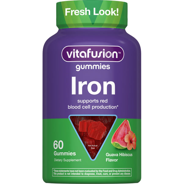 Iron gummies support red blood cell production, featuring 60 Guava Hibiscus Flavor dietary supplement gummies.