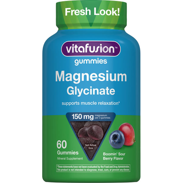 Boomin' Sour Berry Magnesium Glycinate Gummies, 150 mg per 3 gummies, 60 count.