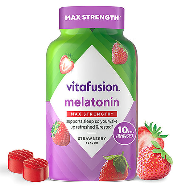 Vitafusion Melatonin Max Strength 10 mg strawberry gummies, 100 count.