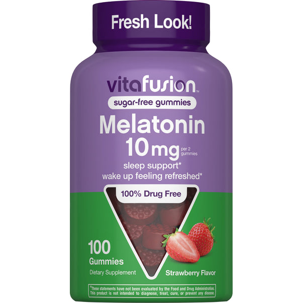 Vitafusion sugar-free Melatonin 10 mg per 2 gummies for sleep support, strawberry flavor, 100 gummies, 100% drug-free.