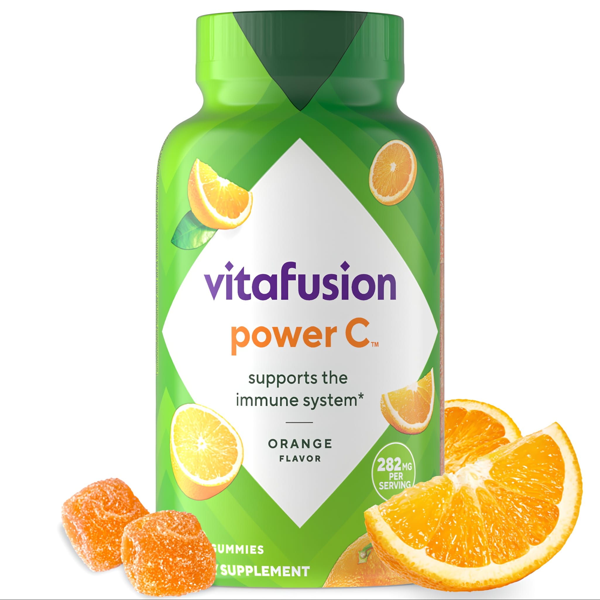 Vitafusion Power C orange flavor gummies, 282 mg per serving, support the immune system. With orange slices and two gummies.