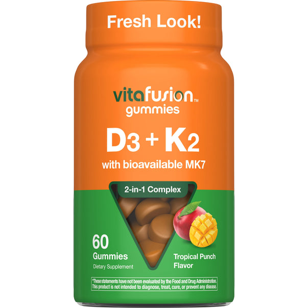 Vitafusion gummies D3 + K2 with bioavailable MK7, 60 gummies, Tropical Punch flavor available.