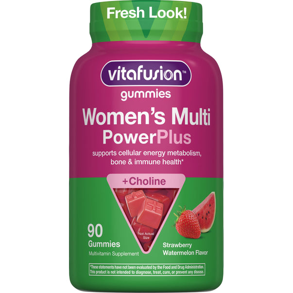 Vitafusion Women's Multi PowerPlus Multivitamin Gummies, 90 count, strawberry watermelon flavor, with choline.