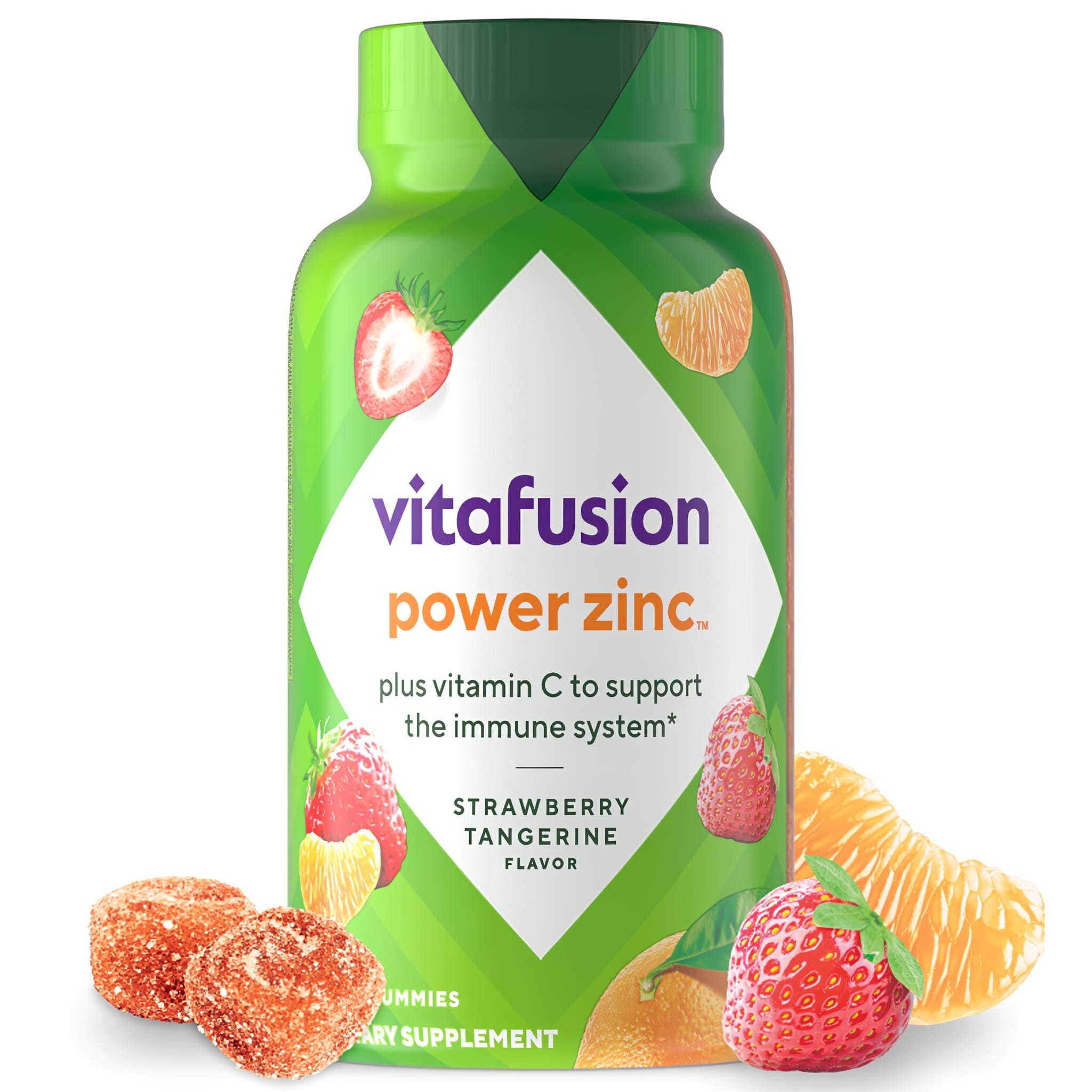 vitafusion Power Zinc + C Gummies in Strawberry Tangerine flavor with added Vitamin C to support the immune system.
