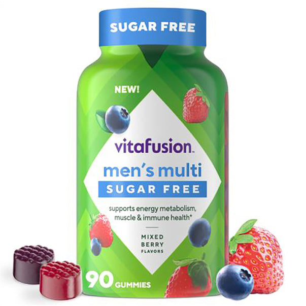Vitafusion men's multi Sugar Free Gummies, 90 count, Mixed Berry flavors, with loose gummies and berries displayed.