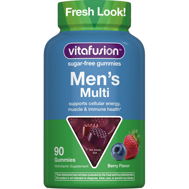 Vitafusion Sugar-Free Men's Multi Gummies, berry flavor, 90 count, multivitamin supplement.