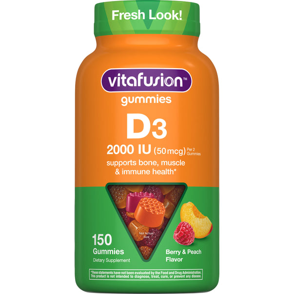vitafusion D3 2000 IU (50 mcg) Gummies, 150 count, Berry & Peach Flavor. Supports bone, muscle, and immune health.