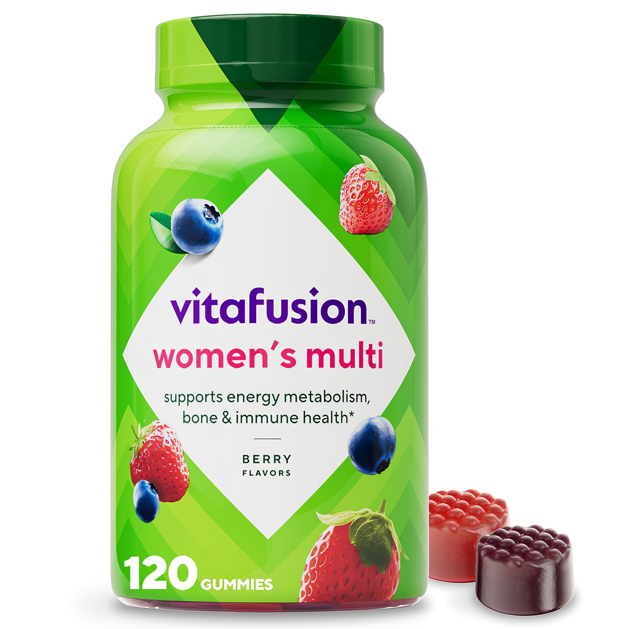 Vitafusion Women's Multi Gummy supports energy, bone, and immune health, in berry flavors, 120 gummies per bottle.