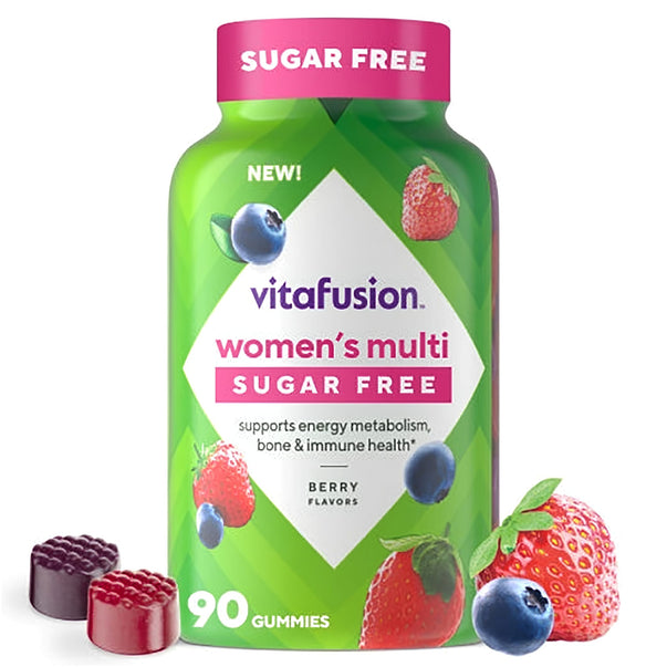 Vitafusion women's multi sugar-free gummies, 90 count, berry flavors, shown with a strawberry and blueberry.
