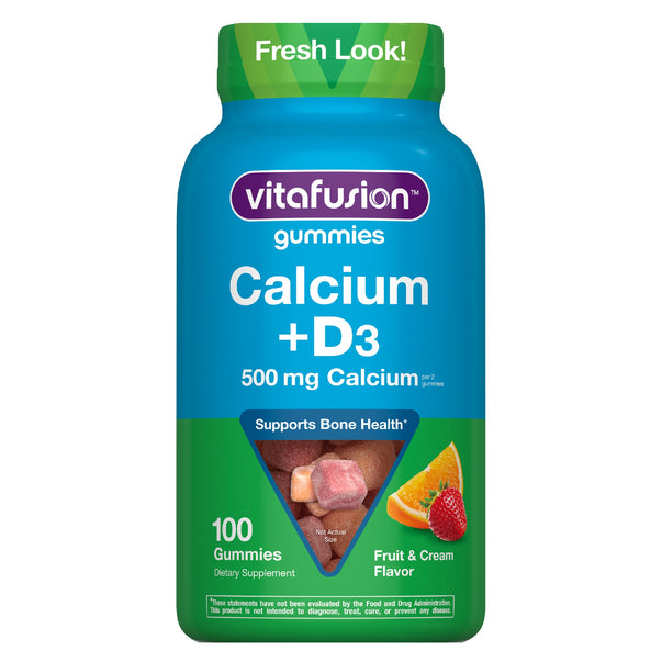 Front bottle shot of vitafusion Calcium + D3 gummies, 500 mg Calcium, 100 Gummies, Fruit & Cream Flavor, with Fresh Look! packaging.