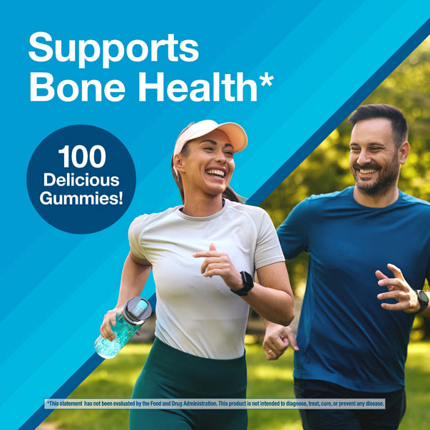 Lifestyle graphic stating Supports Bone Health*, 100 Delicious Gummies! showing a smiling man and woman jogging outdoors.