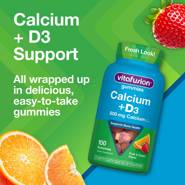 Graphic stating Enjoy 2 Delicious Fruit & Cream Flavor Gummies Daily! 2-in-1 Complex Per 2 Gummies, featuring an orange slice, strawberry, and two gummies.