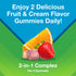 Graphic stating Enjoy 2 Delicious Fruit & Cream Flavor Gummies Daily! 2-in-1 Complex Per 2 Gummies, featuring orange slices, a strawberry, and two gummies.