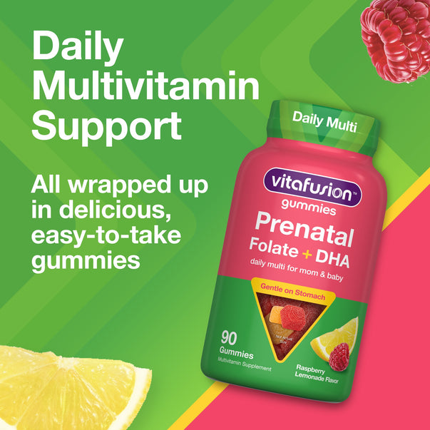 Product graphic showing vitafusion Prenatal Folate + DHA gummies bottle with lemon slices and raspberries, stating Daily Multivitamin Support
