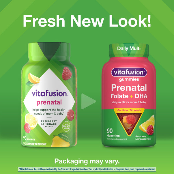 Two vitafusion Prenatal 90 gummy vitamin bottles, showing old and new packaging, Raspberry Lemonade flavor, with Folate & DHA.