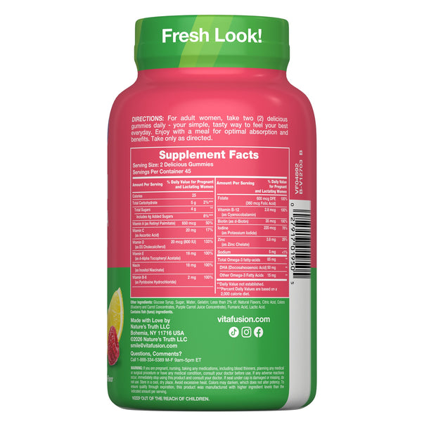 Back bottle shot of vitafusion Women’s Multi gummies showing Supplement Facts, serving size 2 Delicious Gummies, 45 servings per container, directions, ingredients, warnings, and Fresh Look! on the green cap.