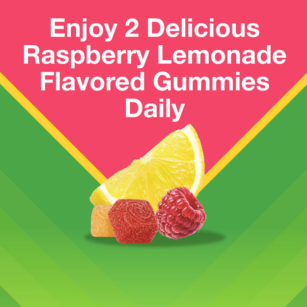 Graphic showing lemon slices, raspberry, and gummies, stating Enjoy 2 Delicious Raspberry Lemonade Flavored Gummies Daily.
