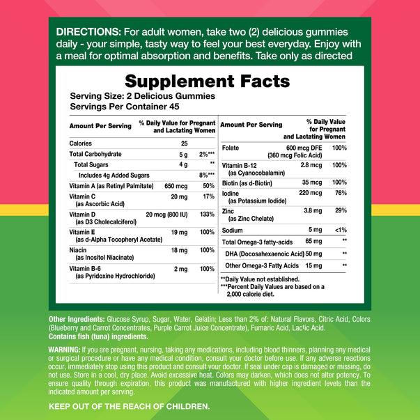 Image of the Supplement Facts panel for Prenatal Gummy 4/3, with a 90 count, providing essential information for prenatal nutrition.