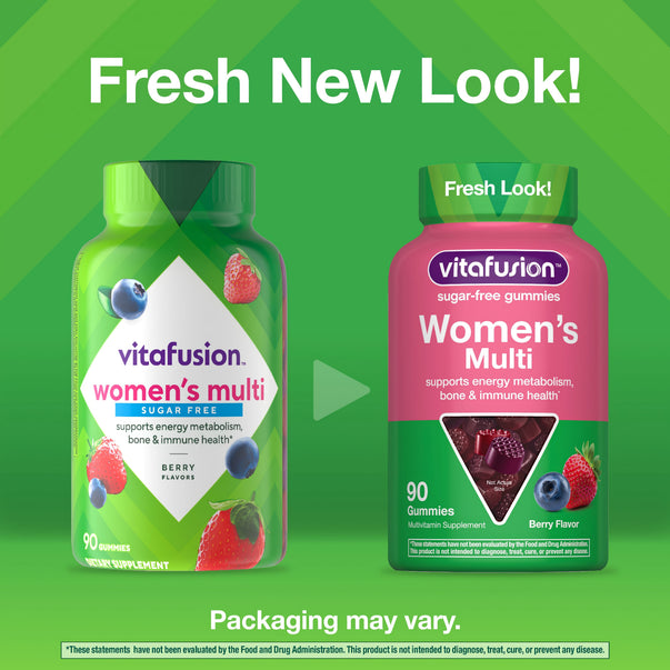 Graphic stating Fresh New Look! showing old and new vitafusion Women’s Multi Sugar Free gummies bottles, 90 gummies, Berry Flavor