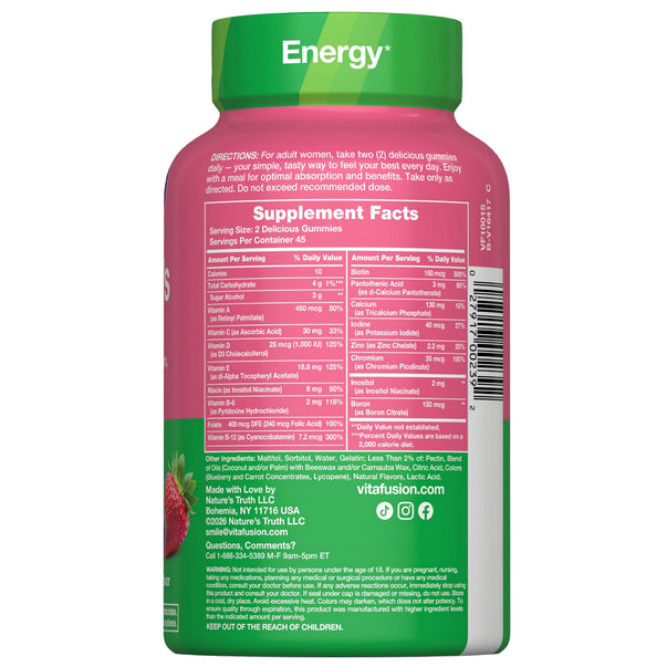 Back bottle shot of vitafusion Women’s Multi Sugar Free gummies showing Supplement Facts, directions, ingredients, warnings, and Energy+ on the green cap.