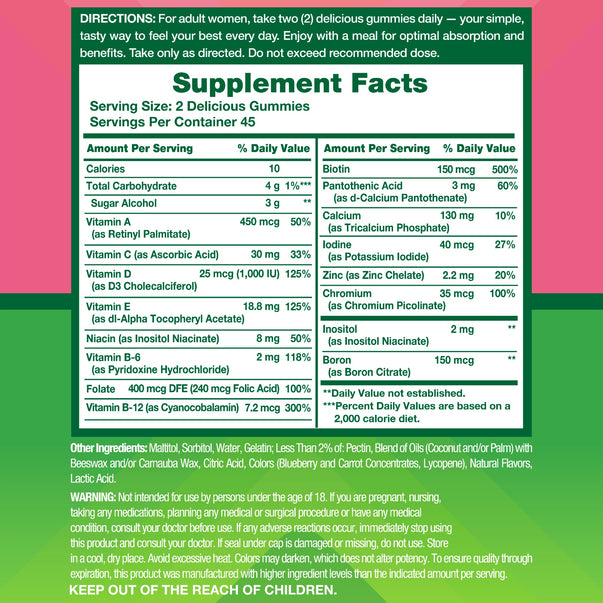 adult women's gummies, serving size 2 gummies, 45 servings per container, with directions, ingredients, and warning information.