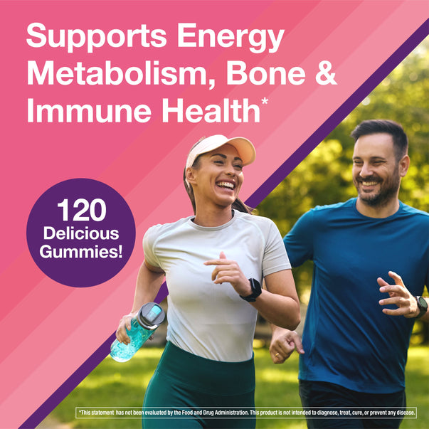 Lifestyle graphic showing a woman and man jogging outdoors, stating Supports Energy Metabolism, Bone & Immune Health