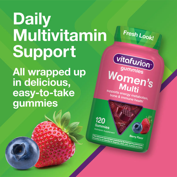 graphic showing vitafusion Women’s Multi gummies bottle with strawberry and blueberry, stating Daily Multivitamin Support, All wrapped up in delicious, easy-to-take gummies, 120 Gummies, Berry Flavor.