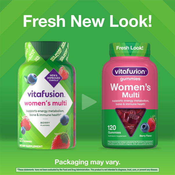 Graphic stating Fresh New Look! showing old and new vitafusion Women’s Multi gummies bottles, 120 Gummies, Berry Flavor. Packaging may vary.