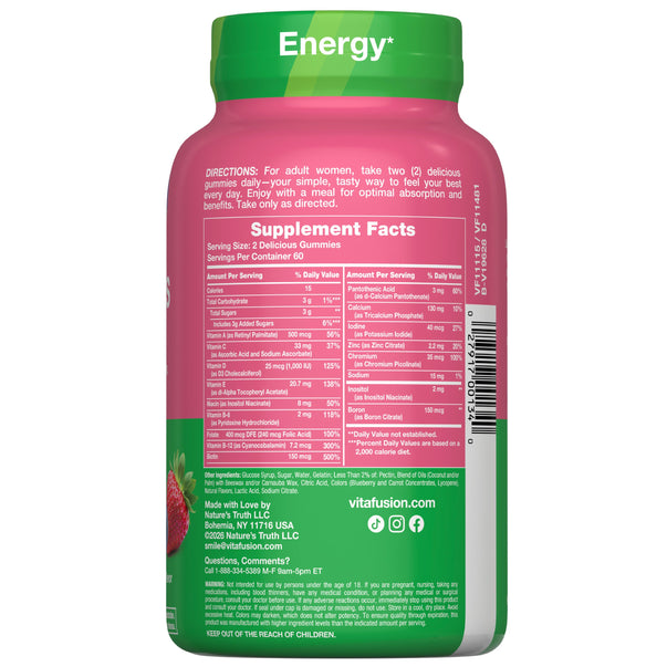 Back bottle shot of vitafusion Women’s Multi gummies, 120 Gummies, showing Supplement Facts, serving size 2 gummies, 60 servings per container, directions, ingredients, warnings, and Energy* on the green cap.