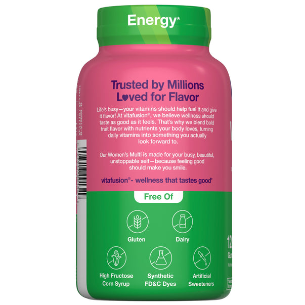 Back bottle shot of vitafusion Women’s Multi gummies stating Trusted by Millions Loved for Flavor, with Free Of icons indicating Gluten, Dairy, High Fructose Corn Syrup, Synthetic FD&C Dyes, and Artificial Sweeteners.