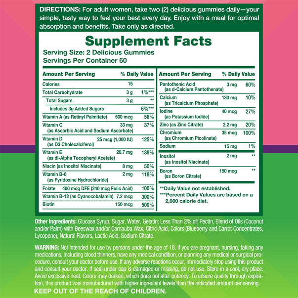Women’s Multi gummies, showing serving size 2 Delicious Gummies, 60 servings per container, directions, other ingredients, and warning information.