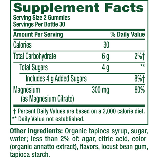 Supplement Facts panel for VF Extra Strength Magnesium Citrate Gummy, 4/3, 60 Count, showing ingredients and nutrition details.