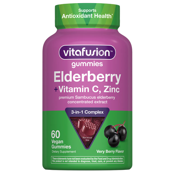 Front bottle shot of vitafusion Elderberry + Vitamin C, Zinc 3-in-1 Complex, 60 Vegan Gummies, Very Berry Flavor, with elderberry imagery and Supports Antioxidant Health