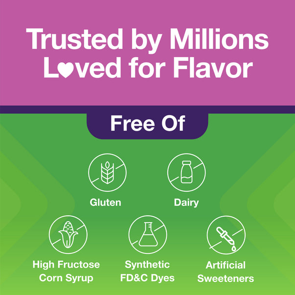 Icons indicating Free Of Gluten, Dairy, High Fructose Corn Syrup, Synthetic FD&C Dyes, and Artificial Sweeteners.