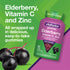 Graphic stating Elderberry, Vitamin C and Zinc, All wrapped up in delicious, easy-to-take gummies, featuring vitafusion Elderberry + Vitamin C, Zinc 3-in-1 Complex bottle, 60 Vegan Gummies