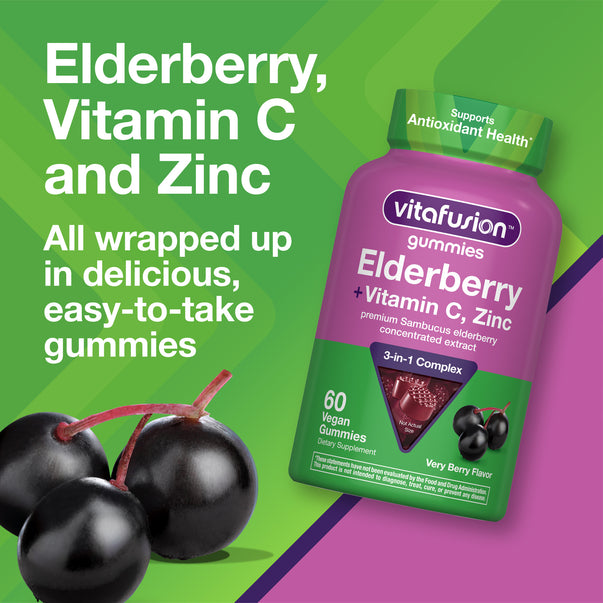 Graphic stating Elderberry, Vitamin C and Zinc, All wrapped up in delicious, easy-to-take gummies, featuring vitafusion Elderberry + Vitamin C, Zinc 3-in-1 Complex bottle, 60 Vegan Gummies
