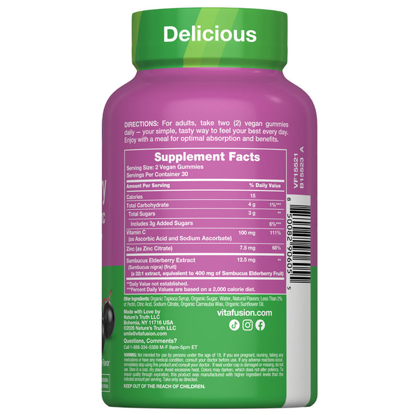 Supplement Facts panel for vitafusion Elderberry + Vitamin C, Zinc gummies showing Vitamin C 100 mg, Zinc 7.5 mg