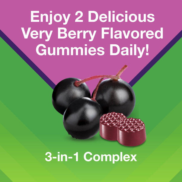 Graphic stating Enjoy 2 Delicious Very Berry Flavored Gummies Daily! and 3-in-1 Complex, featuring elderberries and two berry-shaped gummies.